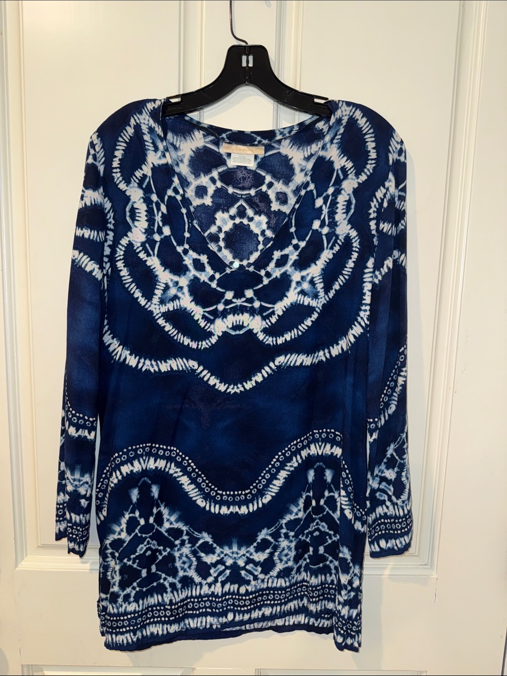 La Blanca Navy Blue & White Tie-Dye Long Sleeve Tunic/Cover Up